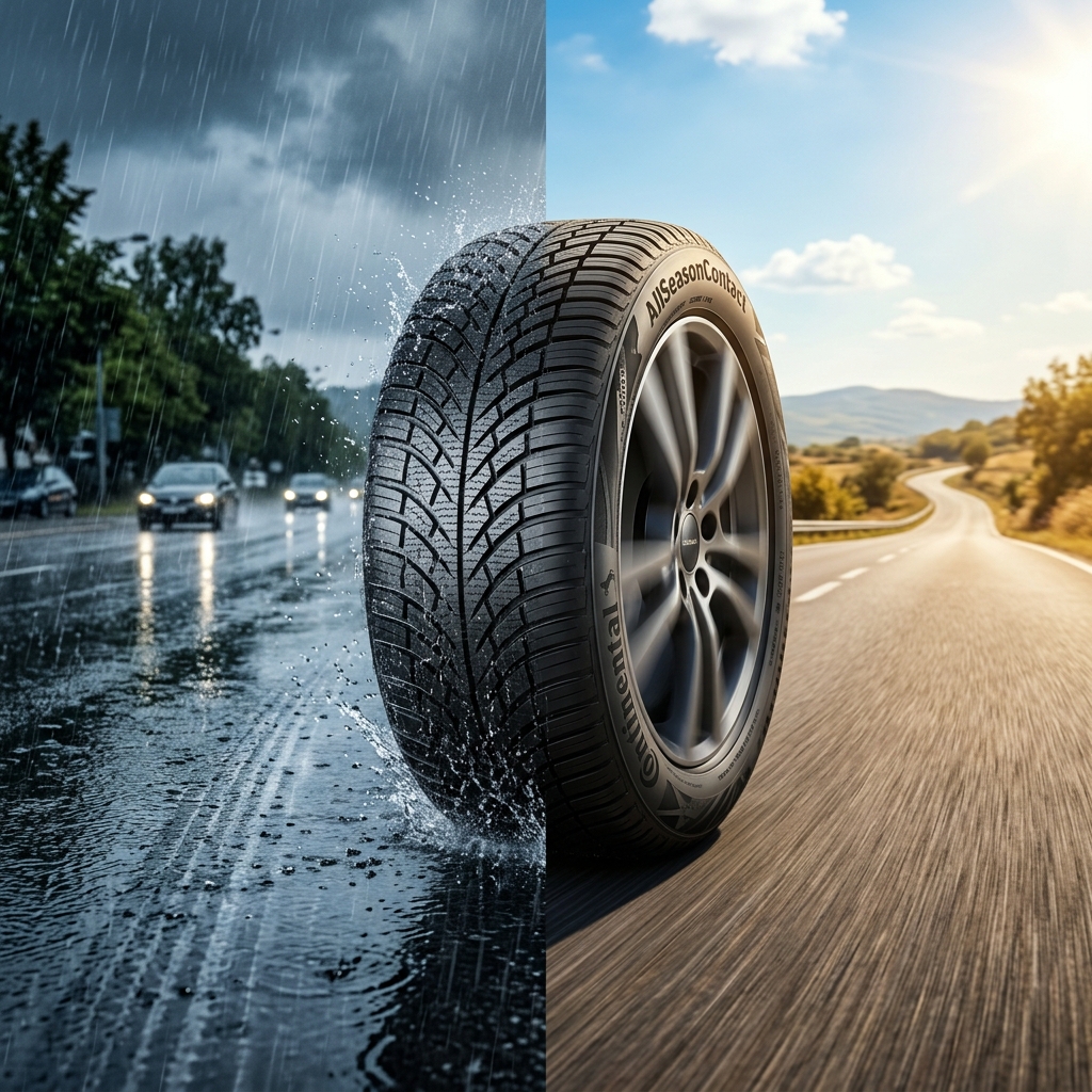 Concept pneu 4 saisons : pluie et beau temps